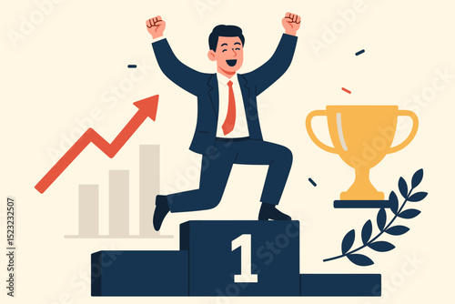 Happy Businessman Celebrating Business Success. Man Achieves Victory and Stands on the Podium. Professional Leadership, Career Growth, Award Achievement, and Financial Triumph.