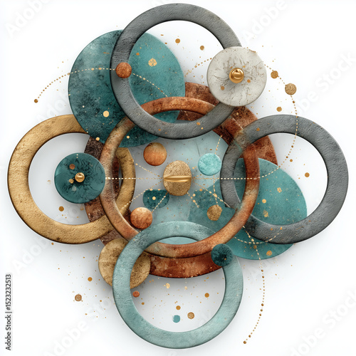 Stylized vector artwork of overlapping metallic rings and circles