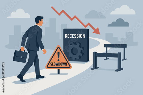 Economic Challenges Ahead: Businessman Navigating Recession, Business Slowdown, Crisis, Downturn, and Obstacles on a Difficult Path, Facing Financial Market Crisis.