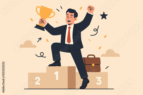 Happy businessman celebrating victory on podium. Entrepreneur career success achievement. Business competition winner with trophy. Corporate award ceremony concept. Leadership.