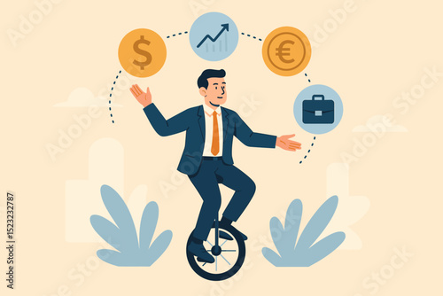 Diligent investor balances financial risk and opportunity, skillfully unicycling amidst money, growth, and business assets. Concept of investment, finance, management.