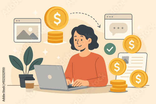 Freelance blogging success. Woman earning money online through blogging and remote work. Digital content creation, successful online business and passive income.