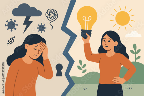 Mental health struggle. Woman coping with anxiety, depression, stress, burnout. Hope amidst crisis. Finding solutions, clarity, well-being. Problem solving, ideas, solutions.