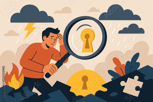 Man in crisis searching for solution with magnifying glass, fire, storm clouds, and keyhole. Problem-solving, hope, mental stress, opportunity. Unlock success.