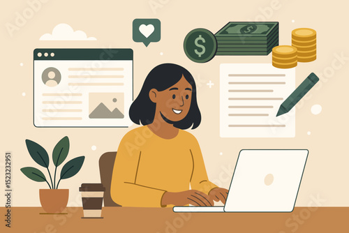 Happy young woman working from home office, freelancer, blogger, online business, making money, digital marketing, remote work, financial success, modern income, e-commerce vector illustration