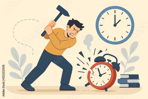 Morning frustration and anger smashing alarm clock. Man destroys time symbol with hammer. Stress, oversleeping, wake up problem, deadline, management, schedule.