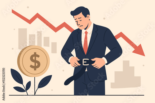 Frugal Businessman Facing Financial Crisis, Economic Downturn, Recessions. Worried Entrepreneur Experiencing Salary Decrease, Budget Cuts, Austerity, Shrinking Economy