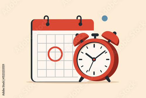 Time management vector illustration with calendar marked date and alarm clock, symbolizing important deadline, event planning, and efficient daily schedule organization.