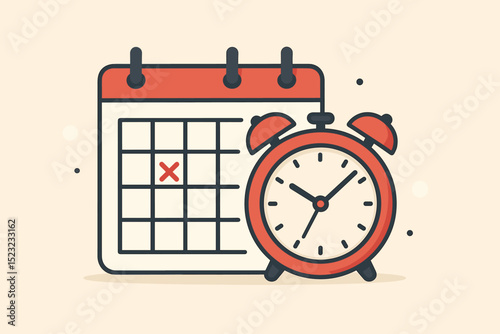 Deadline time management concept with calendar and alarm clock vector illustration. Project planning, schedule organization, and appointment reminder for effective productivity.