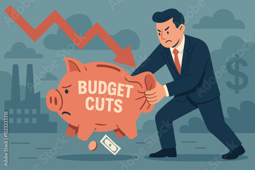 Budget Cuts Squeeze Piggybank. Financial Crisis. Economic Downturn Illustration. Recession Impact. Cost Reduction Strategy. Fiscal Policy Changes. Falling Profits Concept.