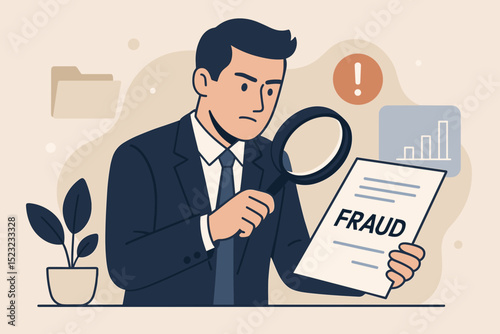 Financial fraud detection and inspection. Professional investigator examining suspicious document with magnifying glass. Business audit, compliance, risk management concept. Flat vector illustration.