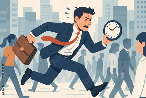 Frantic businessman races against the clock, sweating and stressed while running with briefcase to meet urgent deadline in bustling city. Time pressure, lateness, work anxiety concept. Vector.