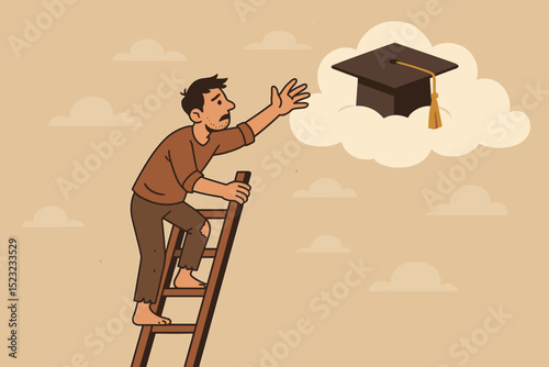 Reaching for education. Man on ladder. Torn clothes. Poverty. Graduation cap. Dream. Aspiration. Ambition. Social mobility. Overcoming adversity. Knowledge pursuit. Future success. Hope symbol.