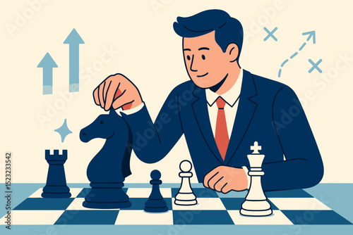 Strategic Chess Move. Businessman Making a Strategy. Knight, Rook, Pawn, and King Pieces on Chessboard. Business Strategy, Tactics, Success, Planning, Decision.