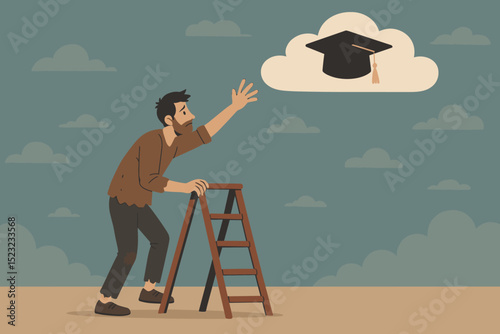 Reaching for Education: Impoverished man on ladder strives for graduation cap, symbolizing aspiration, overcoming poverty & social barriers to achieve educational dreams & future opportunity.