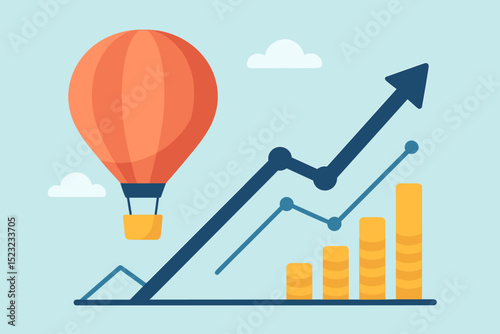 Financial Growth Metaphor: Hot air balloon ascends with upward trend graph and increasing coin stacks. Represents economic success, investment returns, market boom, and business prosperity.