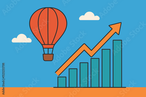 Economic growth symbol. Hot air balloon. Rising bar chart. Upward arrow graph. Business success concept. Financial progress. Investment strategy. Market development. Stock market gains. Vector.