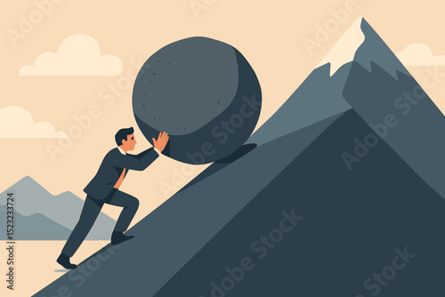Sisyphus businessman pushing boulder uphill. Corporate climb metaphor. Struggle, challenge, perseverance. Business obstacle, determination, effort. Uphill battle concept. Heavy burden. Career goals.