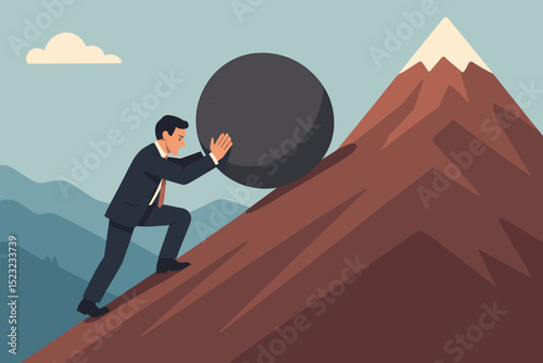 Businessman pushing heavy boulder uphill, a metaphor for corporate challenges, Sisyphus task, business struggle, perseverance, determination, achieving goals. Vector concept illustration.