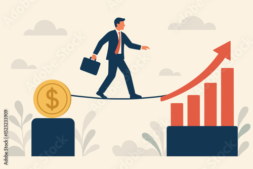 Tightrope Walker Businessman balancing Dollar to Success. Financial Risk Management. Growth Chart and Stability. Business Strategy and Opportunity. Challenge and Reward.
