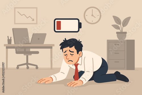 Burnout Office Syndrome: Exhausted Businessman Crawling on Office Floor with Low Battery. Deadline Stress. Fatigue and Frustration. Modern Workplace Mental Health Crisis Concept
