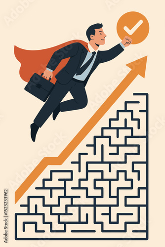 Heroic Businessman Flying Over Maze with Briefcase and Red Cape, Success Growth Concept, Upward Arrow, Achievement and Overcoming Challenges, Leadership and Confidence Vector Illustration