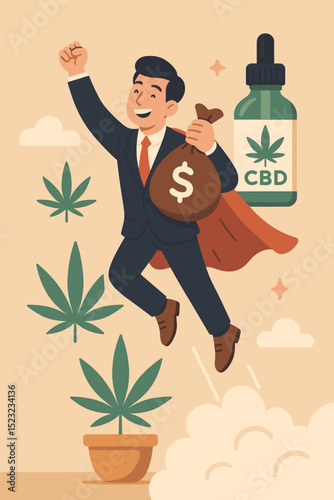 Super Entrepreneur with CBD Wealth, Investment Success. Flying Hero with Money Bag and Cannabis. Business Growth, Financial Victory, CBD Oil Benefits, and Pot Plant Power