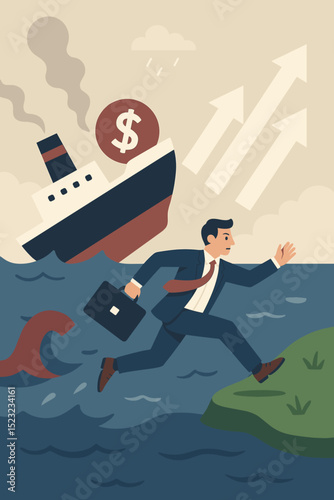 Escaping Economic Meltdown: Businessman Running from Sinking Ship with Dollar Sign, Seeking Growth & Financial Stability. Crisis Averted, Recovery, Investment, Finance Concept