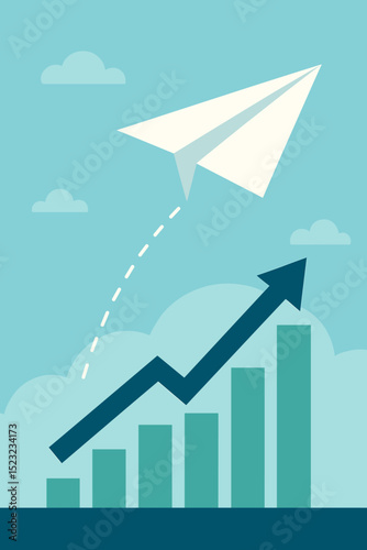 Financial growth concept with paper airplane flying over ascending stock market chart. Business success, investment profit, upward trend arrow. Shares progress, market increase, economic boom.