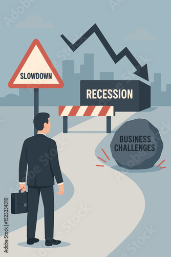 Economic slowdown recession ahead. Businessman facing business challenges, financial crisis. Navigating career path obstacles. Market downturn, investment risk, uncertainty. Finance problem metaphor.
