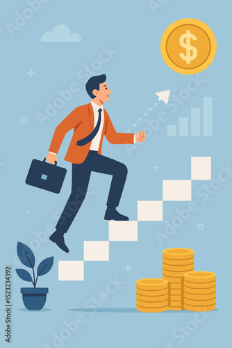 Stairway to wealth concept. Businessman climbing career ladder stairs towards dollar coin. Financial growth, investment success, profit achievement. Money, progress, motivation, ambition vector.