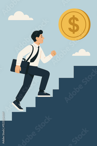 Ambitious businessman climbing corporate stairway to wealth, targeting dollar coin. Career growth, financial success metaphor. Man with briefcase on steps, motivation, progress, investment.