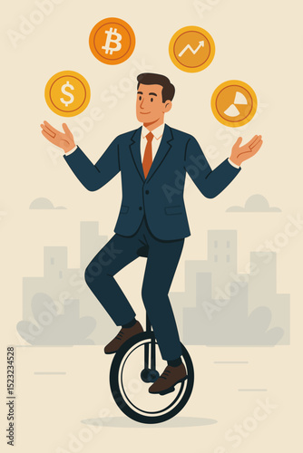 Businessman investor riding unicycle, juggling financial symbols: Bitcoin, dollar, stock & pie chart coins. Multitasking financial management, investment risk, crypto volatility concept.