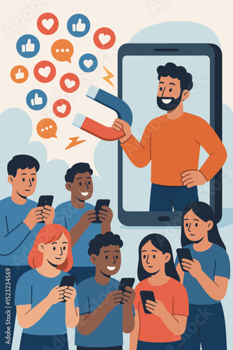 Magnetizing social media engagement. Influencer marketing concept. Man with magnet on phone screen attracts likes, comments, hearts. Diverse audience. Digital content. Online community.