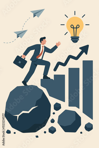 Businessman climbs growth chart overcoming obstacles to reach lightbulb idea. Concept innovation, career ambition, business solutions, financial success, strategy, professional development. Vector.