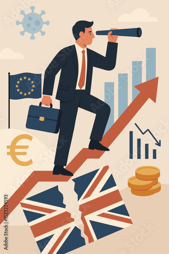 EU economic landscape concept. Businessman with telescope looks to future growth, stepping over broken UK flag after Brexit. European Union finance, Euro, pandemic challenge, recovery.