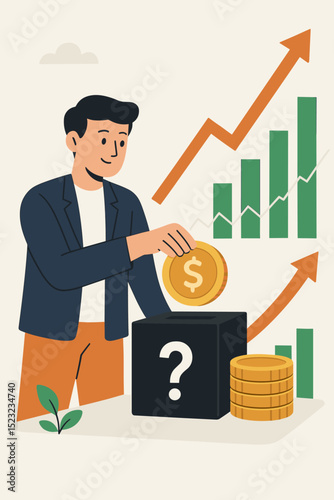 Investing for Future Growth and Financial Returns. Man Saving Money, Coin Into Box, Question. Investment Strategy, Financial Planning, Retirement Savings, Compound Interest, Returns.