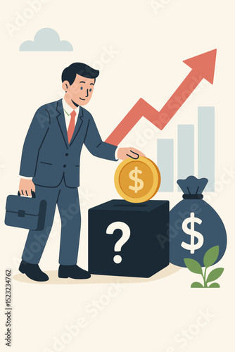 Businessman making smart investment decision for financial growth. Concept with rising arrow graph, money bag, and question mark box. Strategic funding for future returns, profit, and success. Vector.
