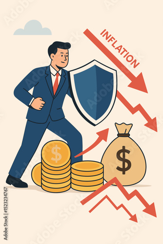 Businessman shielding investments from inflation. Financial protection strategy, man with shield defends money, coins, wealth against economic crisis, recession. Asset security concept vector.