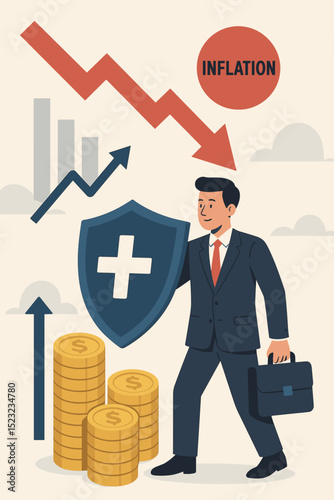 Shielding investments against inflation concept. Businessman character protects gold coins with a shield from economic downturn arrow. Financial security, wealth growth, risk management.
