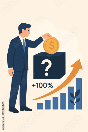 Smart investment returns vector illustration. Businessman with dollar coin investing in uncertain venture. Financial growth concept with rising graph, 100% profit increase. Business strategy for ROI.