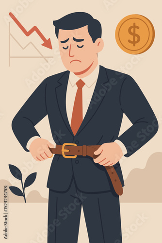 Sad businessman tightening belt, illustrating frugal business strategies and cost cutting during financial crisis. Economic recession, budget austerity, money problems, savings, decline graph.