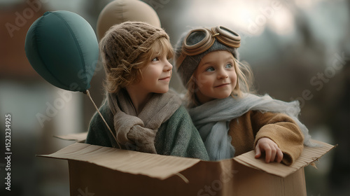 Two children are flying in cardboard box with air balloons