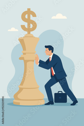 Investment strategy symbolism. Businessman pushing large chess king with dollar sign. Financial planning, market moves, business growth concept. Wealth management, strategic effort for profit.