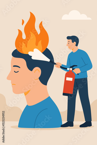 Stress relief metaphor illustration. Man with fire extinguisher puts out fire on burning head. Concept for burnout, anxiety, mental health support, problem solving, emotional overload aid.