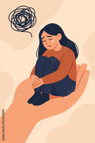 Mental health support concept. Sad crying person in supportive hand. Untangling confused thoughts, finding hope. Depression, anxiety, stress aid. Emotional wellbeing, psychology vector.