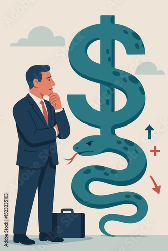 Financial risk metaphor. Pensive businessman analyzing investment strategy. Dollar sign entwined with snake symbolizing market danger, economic uncertainty, and financial volatility.