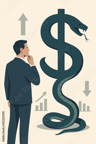 Financial risk concept. Businessman contemplating investment with dollar sign snake, symbolizing market volatility, danger, and economic uncertainty. Stock market analysis and strategy.