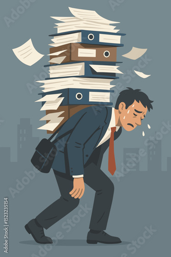 Struggling businessman overwhelmed by massive workload, carrying towering stack of office documents and binders. Concept of corporate stress, employee burnout, and heavy pressure. Vector.