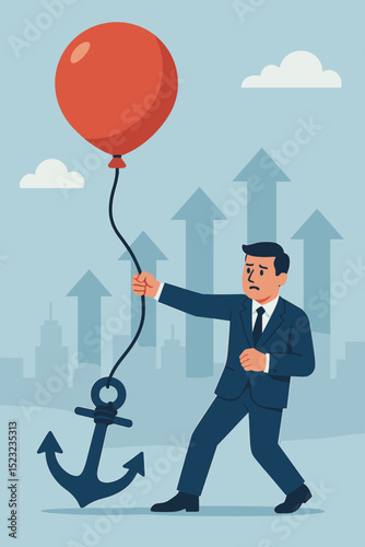 Businessman with balloon ambition held down by heavy anchor. Conceptual metaphor for business challenges, career obstacles, financial burden, deadweight, corporate struggle, growth limitation.